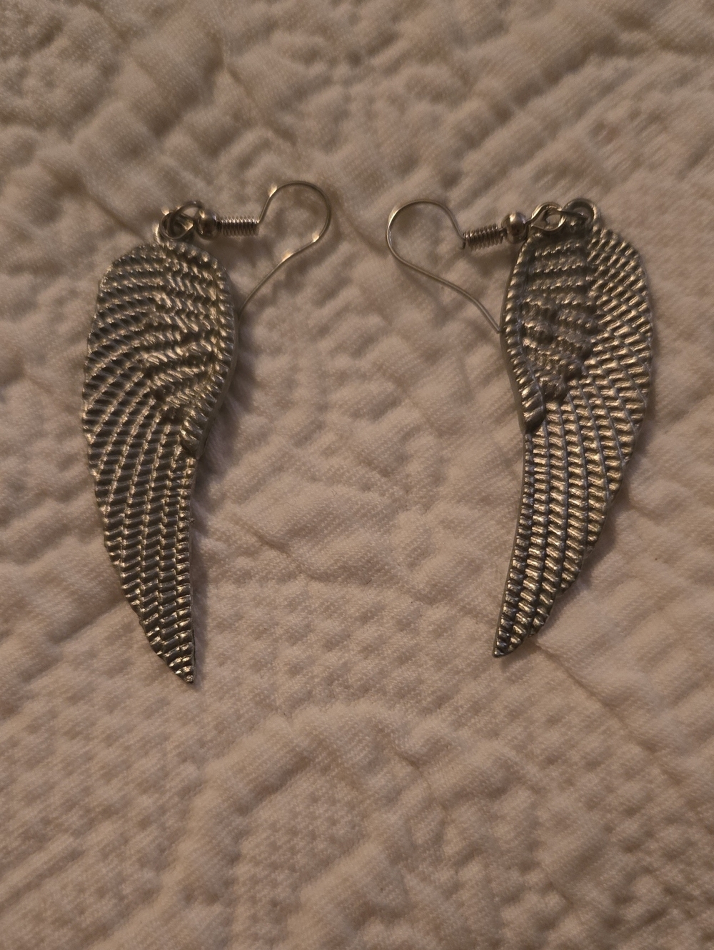 Textured Silver Angel Wing Drop Earrings